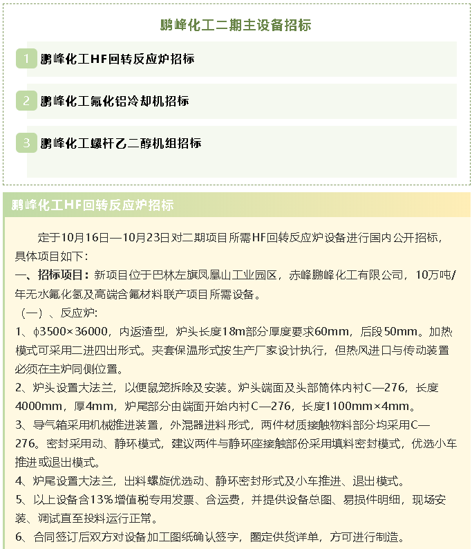 【招標公告】鵬峰化工HF回轉反應爐、氟化鋁冷卻機、螺桿乙二醇機組招標43